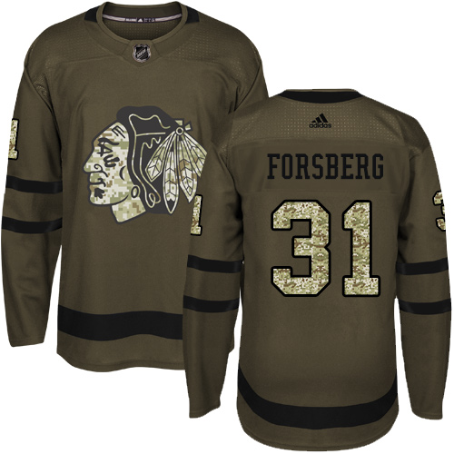 Adidas Blackhawks #31 Anton Forsberg Green Salute to Service Stitched NHL Jersey - Click Image to Close